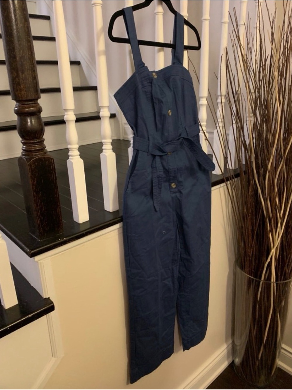 Navy Blue Button-Front Jumpsuit with Waist Tie